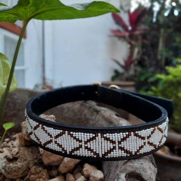 Leather Dog Collar, Beaded Dog Collar , Masai, Dog collar leather, Pet Gift, Personalized Dog Collar, Masai, Kenya, African Dog Collar, ID