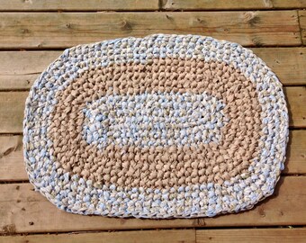 Pastel Beige and Blue Oval Rag Rug