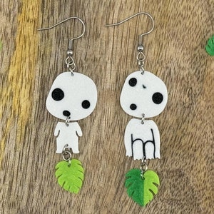 Boucles d'oreilles Kodama avec feuille • 8 autocollants inclus • Princesse Mononoké • Esprit de l'arbre