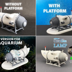 K&ouml;nnte beinhalten: Eine wei&szlig;-graue U-Boot-f&ouml;rmige Lampe mit roter Antenne. Die Lampe wird mit und ohne Plattform sowie mit Aquarium- und Batterieoptionen gezeigt. Der Text "OceanGate LAMP" ist sichtbar.