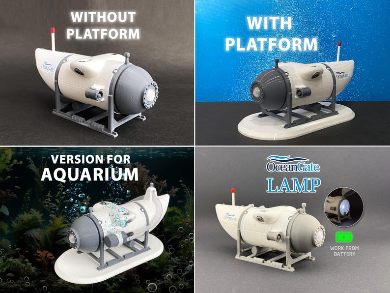 K&ouml;nnte beinhalten: Eine wei&szlig;-graue U-Boot-f&ouml;rmige Lampe mit roter Antenne. Die Lampe wird mit und ohne Plattform sowie mit Aquarium- und Batterieoptionen gezeigt. Der Text "OceanGate LAMP" ist sichtbar.