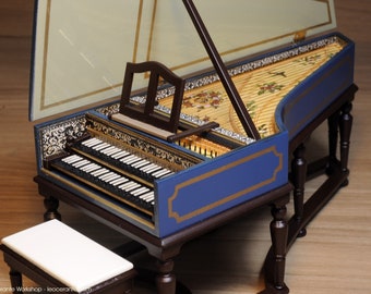 1:12 Scale model Flemish style double harpsichord on a wooden stand - Ultramarine blue case