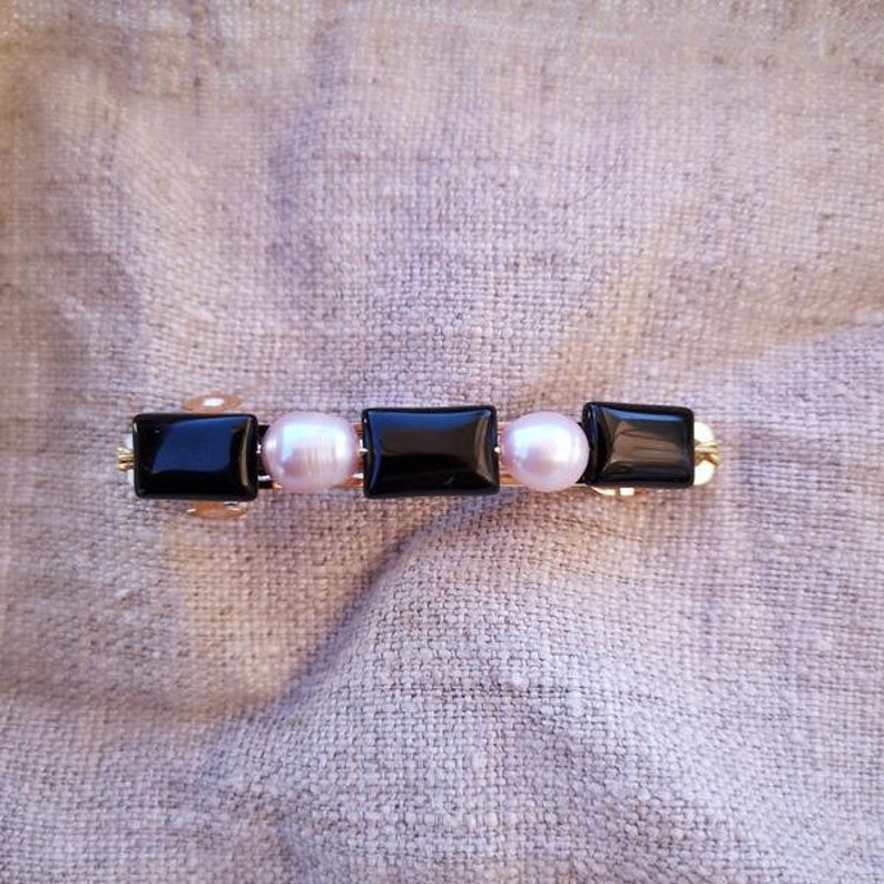 black and pink retro pearl hairclip Pink freshwater beads and black onyx beads hair jewel
