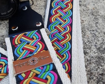 Camera Strap – &#39;She&#39;s A Rainbow&#39; Vintage Style Bohemian Strap on Eco-Friendly Hemp Webbing