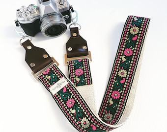 Camera Strap – &#39;Wildflowers&#39; Vintage Style Bohemian Hootenanny Strap on Eco-Friendly Hemp Webbing for Modern or Vintage Cameras