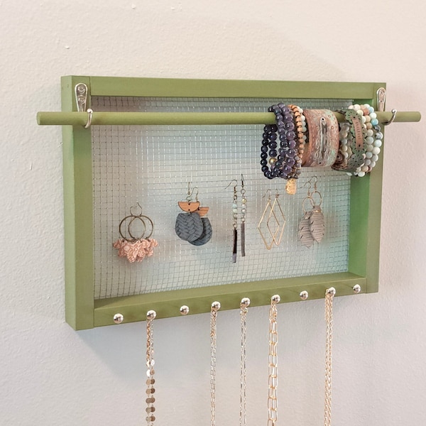 Olive Green Jewelry Organizer Wall Mount Earring Holder, Green Jewelry Holder, Wall Hanging Chicken Wire Earring Organizer Bracelet Holder