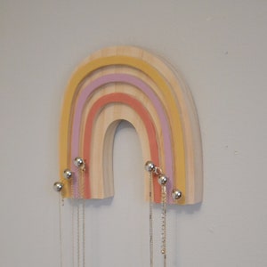 Retro Colors Rainbow Necklace Holder for Kids, Wood Rainbow Necklace Organizer for Little Girl, Small Boho Wooden Rainbow Jewelry Holder image 2