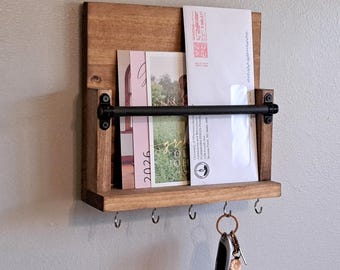 Wooden Key Holder with Mail Storage, Wall Hanging Entryway Organizer, Entryway Catch-all for Keys and Mail, Housewarming Gift for Couple
