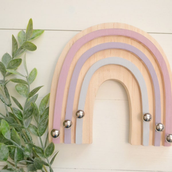 Boho Rainbow Necklace Hanger Gift for Daughter, Small Wooden Rainbow Necklace Holder for Kids, Wall Hanging Purple Jewelry Holder for Girls