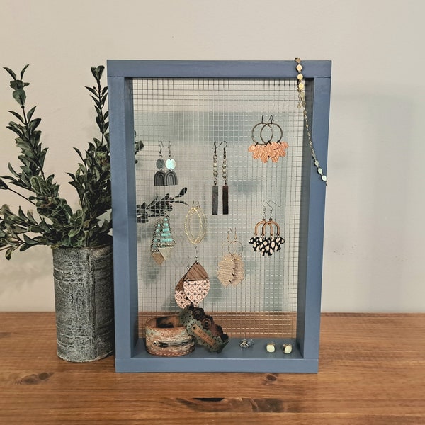 Earring Organizer for College Dorm Room, Free Standing Earring Holder with Chicken Wire, Modern Farmhouse Jewelry Holder, Jewelry Organizer