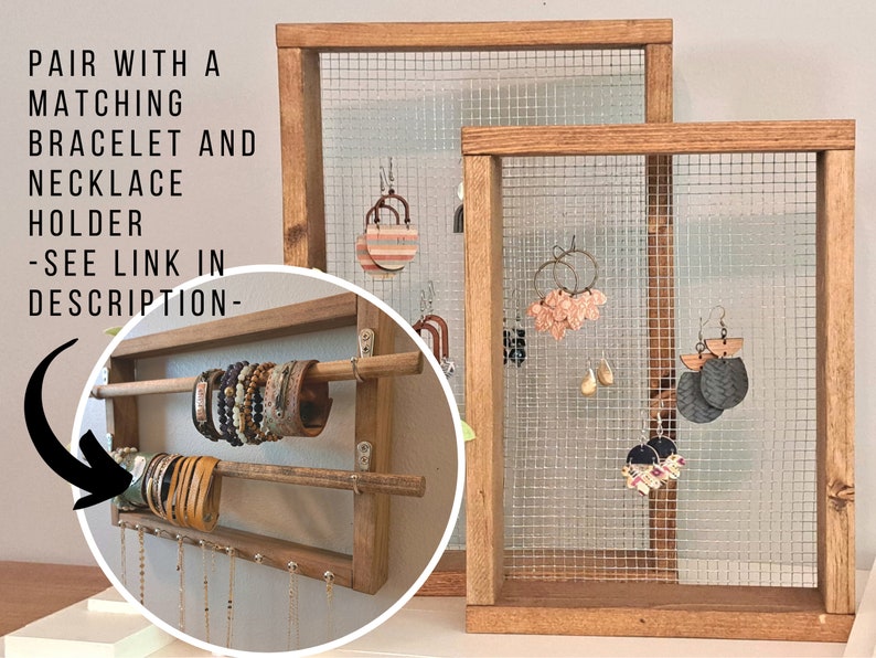 Free Standing Earring Holder, Chicken Wire Jewelry Organizer, Mesh Dangle Earring Display Stand, Wood Picture Frame Earring Holder bild 11