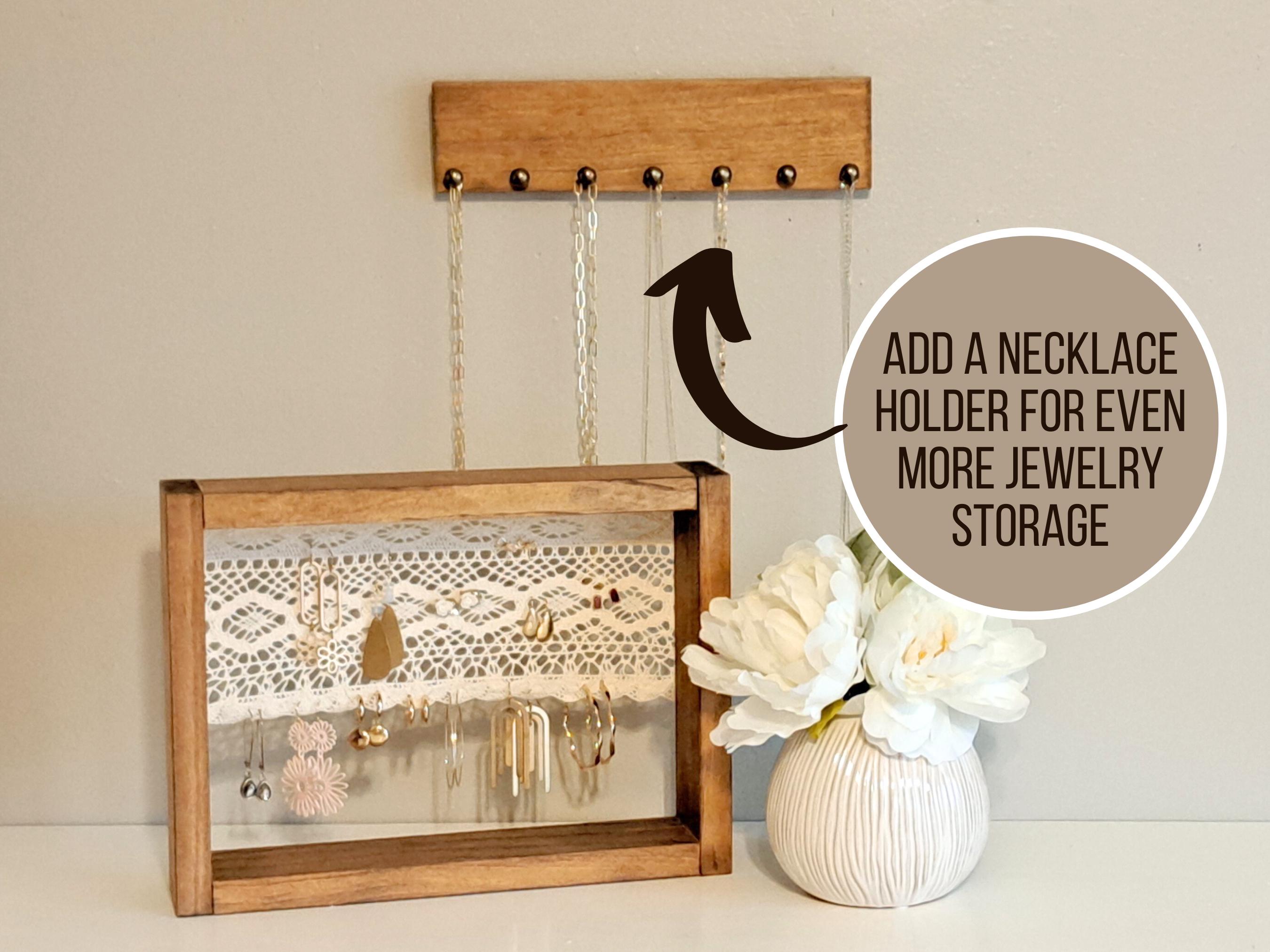 Wood Earring Holder With Crochet Lace, Farmhouse Jewelry Organizer