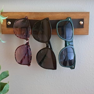 Leather and Wood Sunglasses Holder, Sunglasses Rack Wall Hanging, Simple Wooden Organizer for Eye Glasses with Leather Gift for Men