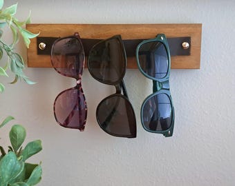 Leather and Wood Sunglasses Holder, Sunglasses Rack Wall Hanging, Simple Wooden Organizer for Eye Glasses with Leather Gift for Men