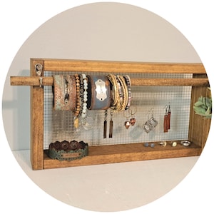 Jewelry Organizer Free Standing Frame, Wood Earring Display with Chicken Wire Earring Holder, Wood Jewelry Holder for Bangle Bracelets