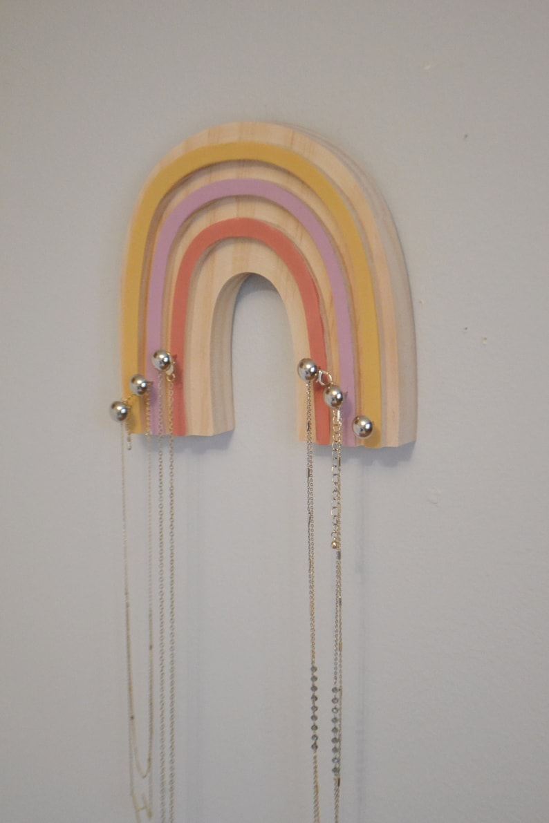Retro Colors Rainbow Necklace Holder for Kids, Wood Rainbow Necklace Organizer for Little Girl, Small Boho Wooden Rainbow Jewelry Holder image 2