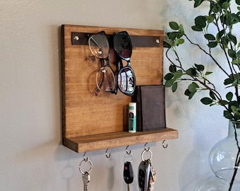 Multifunctional Wood Key Holder, Wall Mount Entryway Organizer, Key Hooks with Sunglasses Storage for Modern Farmhouse Entryway
