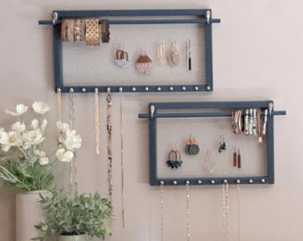 Navy Blue Jewelry Organizer Wall Hanging, Jewelry Holder for Earrings Necklaces and Bracelets, Simple Jewelry Display Frame for Bedroom