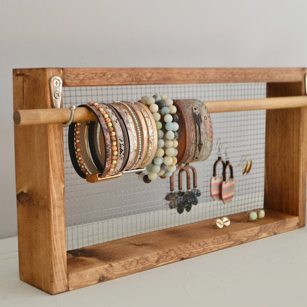 Jewelry Organizer Free Standing Frame, Wood Earring Display with Chicken Wire Earring Holder, Wood Jewelry Holder for Bangle Bracelets