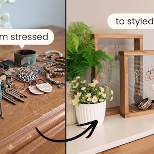 This picture shows how these jewelry organizers will transform your messy, tangled, stressful pile of jewelry into a tidy, effortless, styled display of your jewelry.