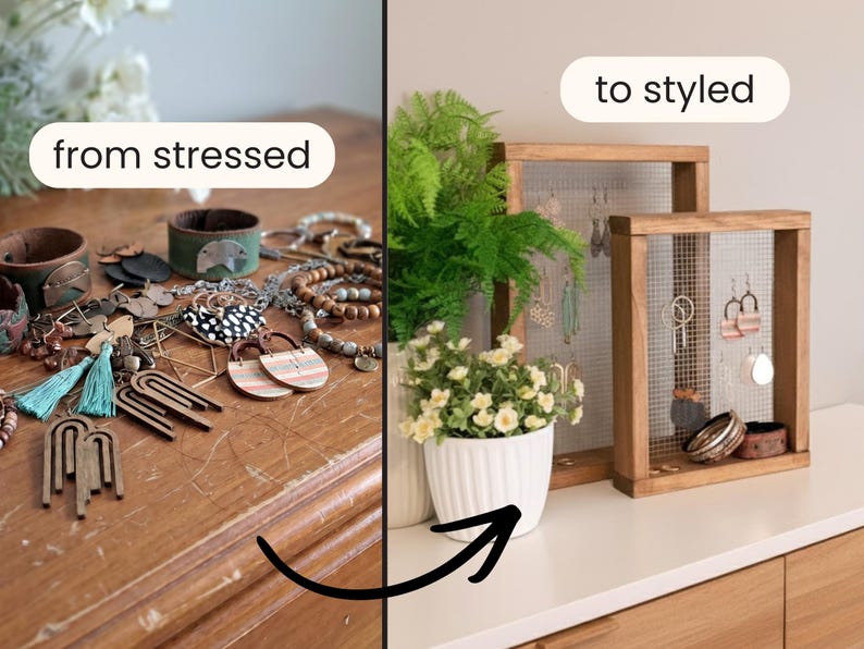 This picture shows how these jewelry organizers will transform your messy, tangled, stressful pile of jewelry into a tidy, effortless, styled display of your jewelry.