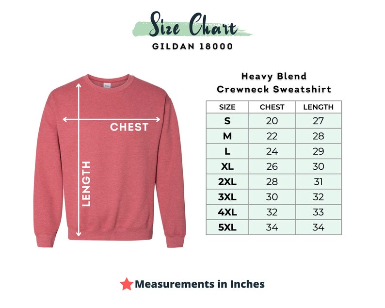 May include: Size chart for a Gildan 18000 heavy blend crewneck sweatshirt. The chart shows chest and length measurements in inches for sizes S through 5XL.