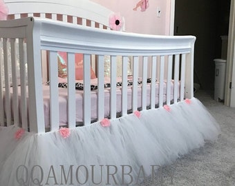 Personalized Tulle Crib Tutu Skirt, White Bed Skirt, Dust Ruffled Crib Skirt, Birthday Party Baby Room Decorative, 12" To 20"  DROP