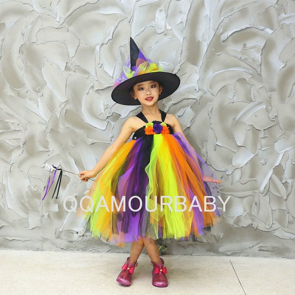 QRJAUBUEL Vestido de tutú de bruja para niñas, traje de princesa bruja, Halloween Cosplay Tutu con sombrero de bruja, tutú de cumpleaños de la princesa para 1-8T