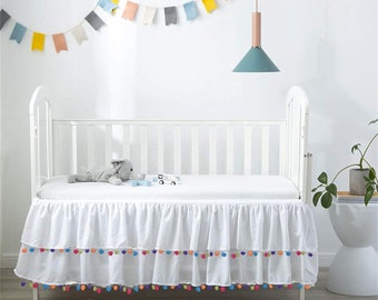 White Crib Skirt Double Layer with Rainbow Pom Poms, Baby Nursery Bedding Cover Bedskirt
