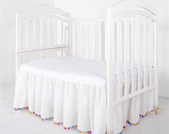 White Crib Skirt with Rainbow Pom Poms, Baby Nursery Bedding Cover