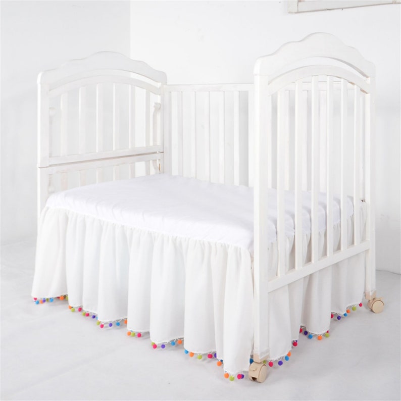 White Crib Skirt With Rainbow Pom Poms, Baby Nursery Bedding Cover Etsy
