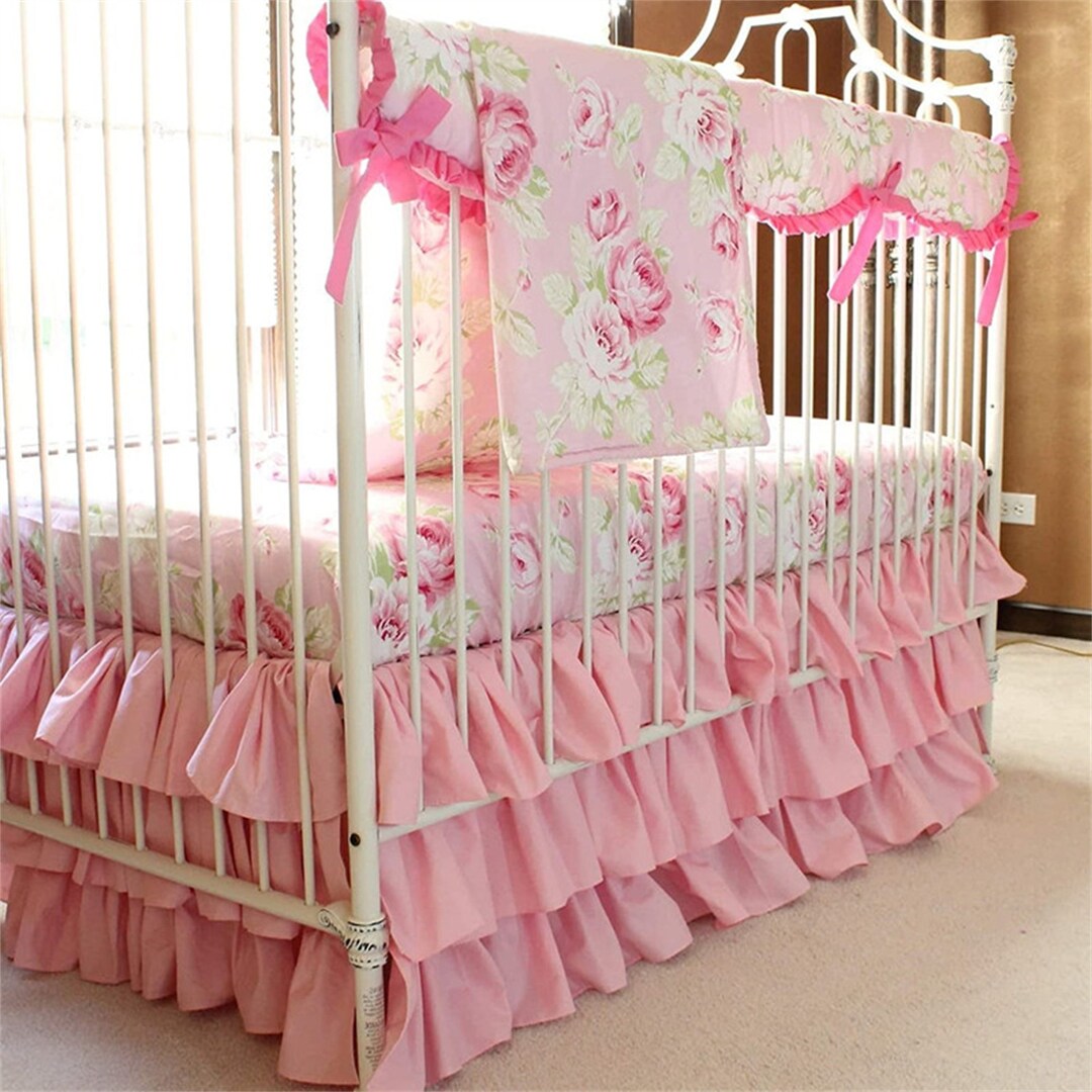 Pink Crib Skirt Three Layer Pleated Ruffled Bed Skirt Solid Dust Ruffle