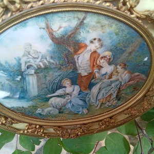 Ornate French Ormolu Jewelry Box - Doré Bronze Casket - Signed Châtillon Porcelain Scene - Oval Bark Construction - Wonderful Condition