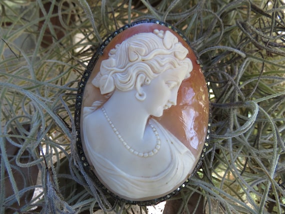 Signed Shell Cameo in 800 Silver Marcasite Mount … - image 6