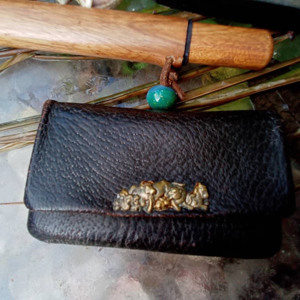 Japanese Antique Leather Tobacco Pouch & Pipe Case - Fine Quality Edo Era Inro - Glass Ojime - Wonderful Condition