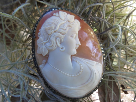 Signed Shell Cameo in 800 Silver Marcasite Mount … - image 7