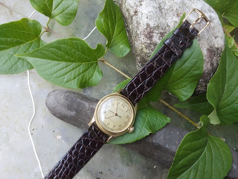 May include: A gold wristwatch with a white face and black Roman numeral hour markers. The watch has a brown leather band with a crocodile pattern. The watch is lying on a gray surface with green leaves.