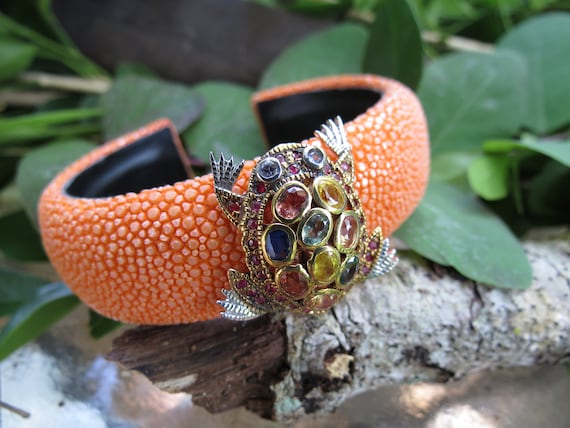 Shagreen Leather Cuff Bracelet: Sterling Silver Gemstone Critter Bangle