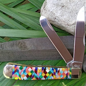 Case XX Jimmy Sabo Custom Mosaic Handle Knife - Fine Multi Gemstone Inlaid Trapper Knife - Excellent Condition