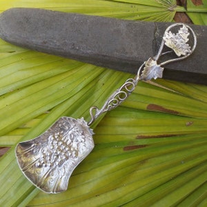 English Sterling Silver Tea Caddy Spoon - Small Ornate Antique Spoon - Beautiful Grapes, Vines, and Leaves - Excellent Condition