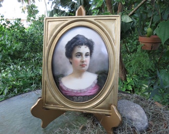 Signed Victorian Porcelain Portrait Painting - Original Frame