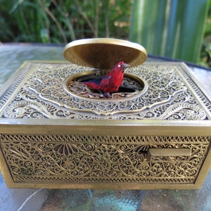 Antique Singing Bird Box - Doré Bronze Case - Original Automaton - Red Feathered Bird - Working Perfectly - Excellent Condition