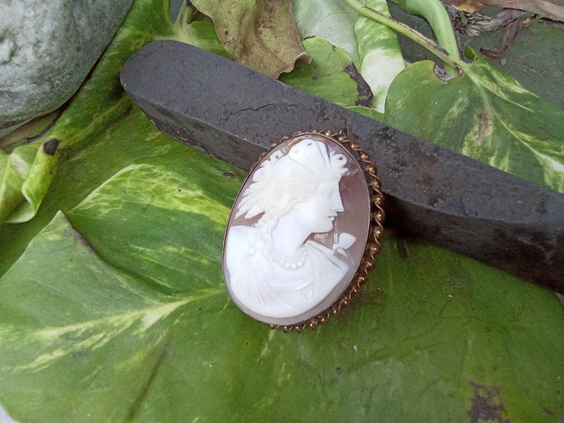 Greek or Roman Goddess Cameo Fine Carving Vintage Carved Shell Brooch Wonderful Condition image 7