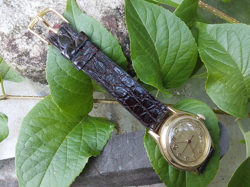 May include: A gold-toned wristwatch with a white face and black Roman numeral hour markers. The watch has a brown alligator-style leather band.