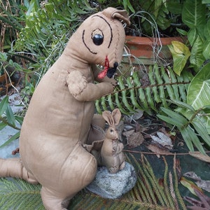 Hand Sewn Victorian Fabric Kangaroo - Primitive Roo with Joey - Australian Stuffed Animal - Great Antique Condition