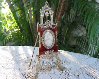 Miniature Portrait Under Glass in Vermeil Frame with Red Guilloche Enamel - 800 Silver Easel - Wonderful Condition