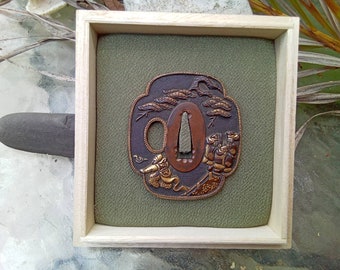 Japanese Bronze Mino School Tsuba: Katana Sword Fitting, White Snake Legend