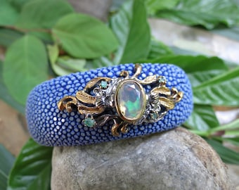 Blue Shagreen Leather Cuff: Sterling Silver Opal & Emerald Bangle