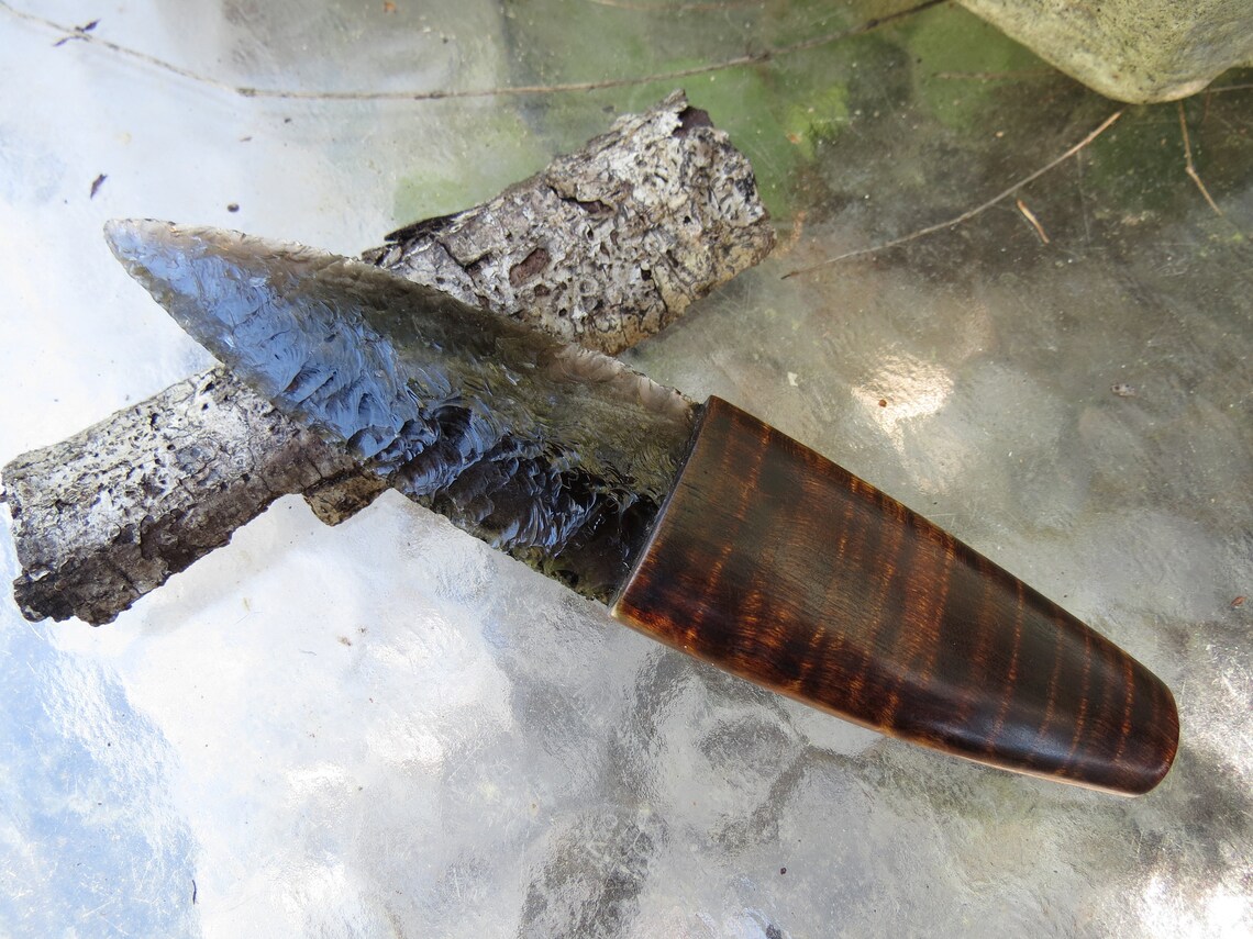 Flint Napped Obsidian Blade Knife Old Hand Crafted Knife Custom Leather