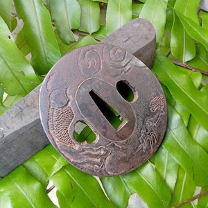 Edo Era Iron Tsuba: Japanese Katana Sword Fitting with Dragon Motif